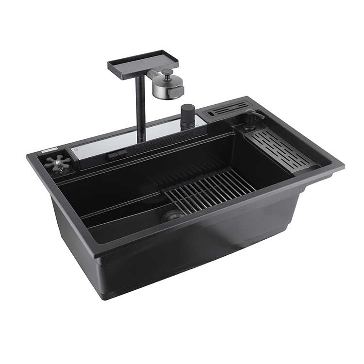 Thickened 304 nanometer black flying rain sink, detachable mother and child multifunctional single slot with flying rain suction faucet, high-pressure cup washer, knife holder, soap dispenser, whole house decoration, kitchen vegetable washing basin