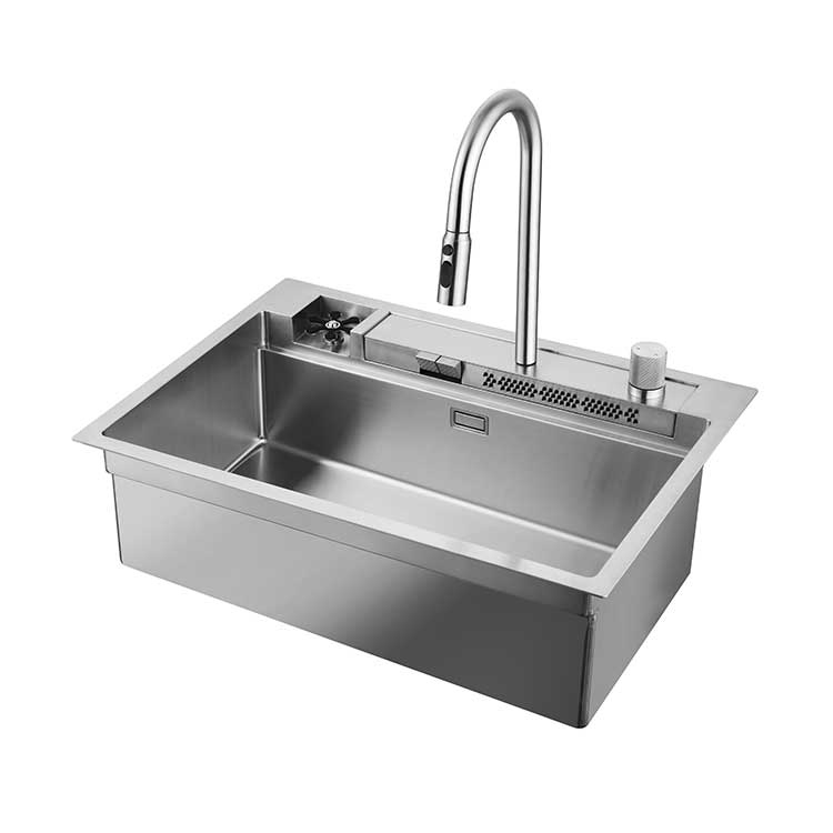 Thickened 304 stainless steel original color brushed surface, flying rain large groove, six claw high-pressure cup washer, pull-out three outlet faucet, tabletop waterfall water outlet, manual deepening kitchen sink, customized engineering sink for the whole house