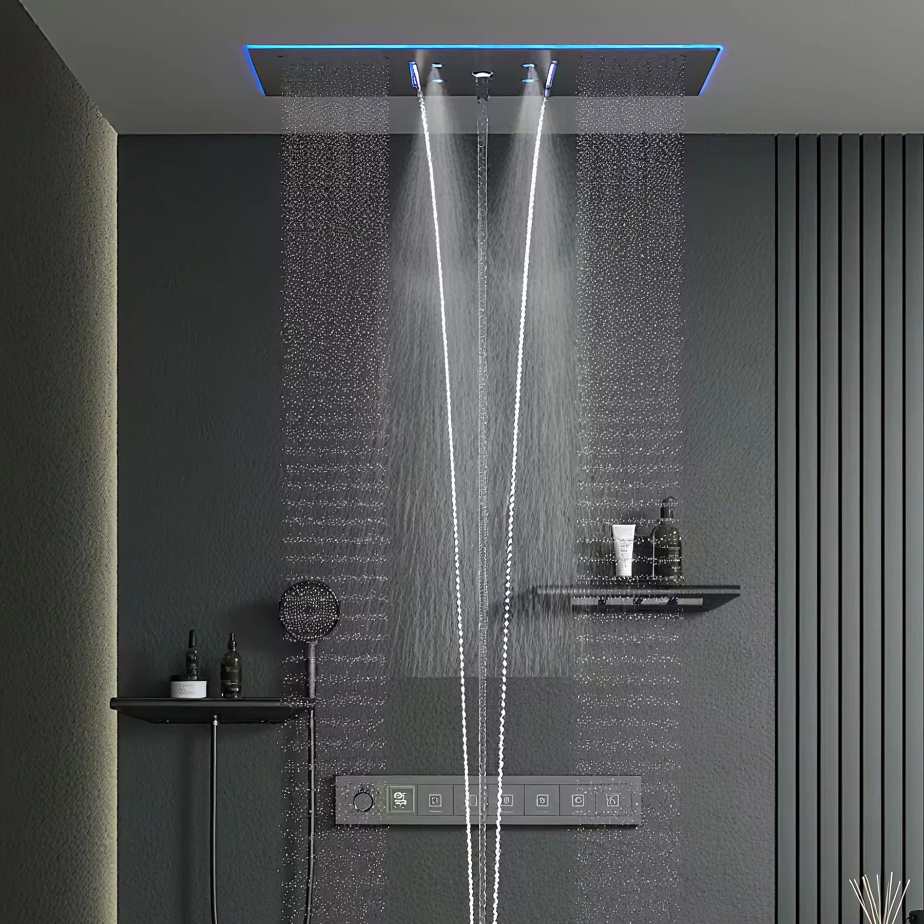 Shower Set Brass Waterfall Bathroom Thermostatic Hidden Square Shower Nozzle Ceramic Copper Hot Melt Pre embedded