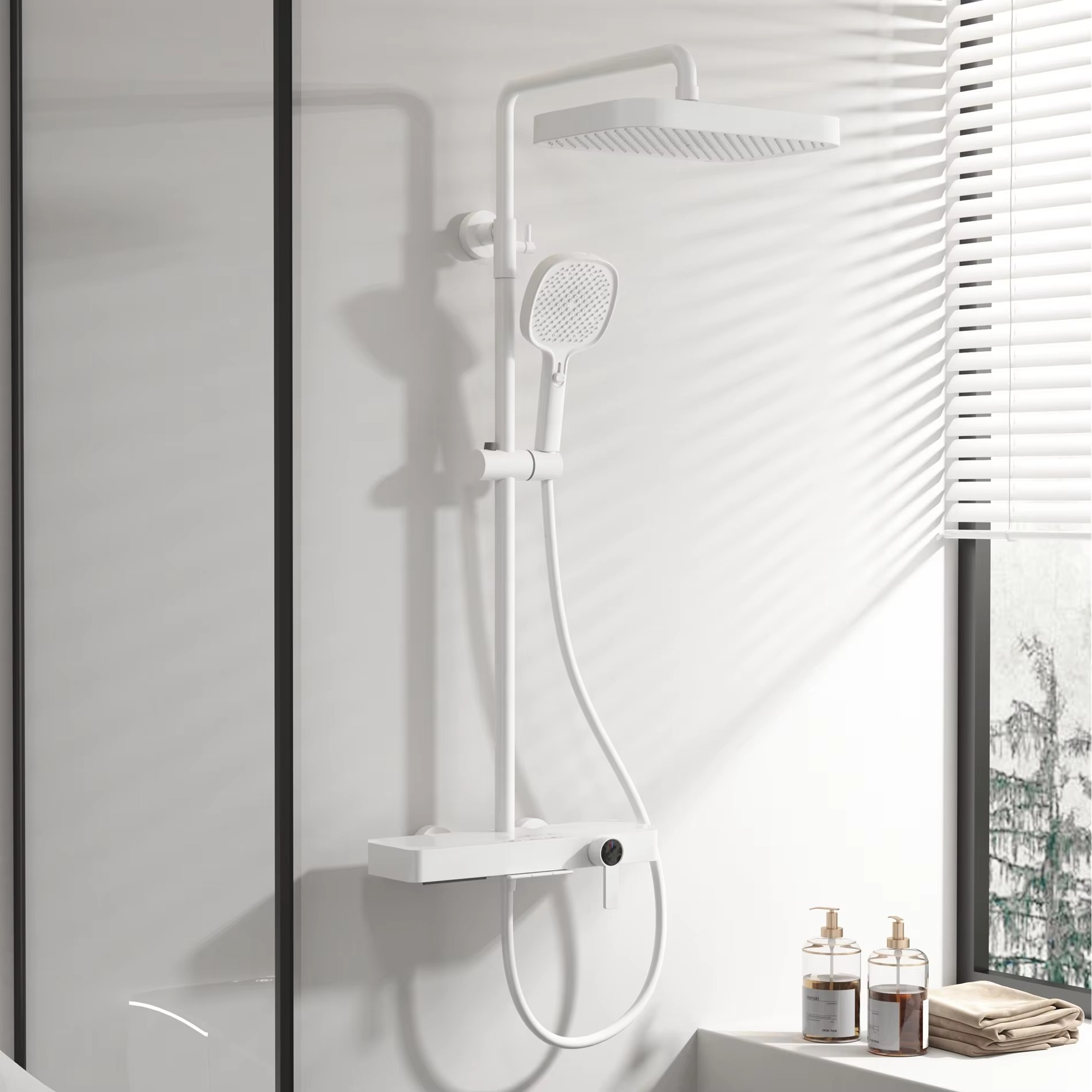Jinnaya shower set brass hotel style spray painted brushed gold belt large rack milky white series solid pipe pressurized shower