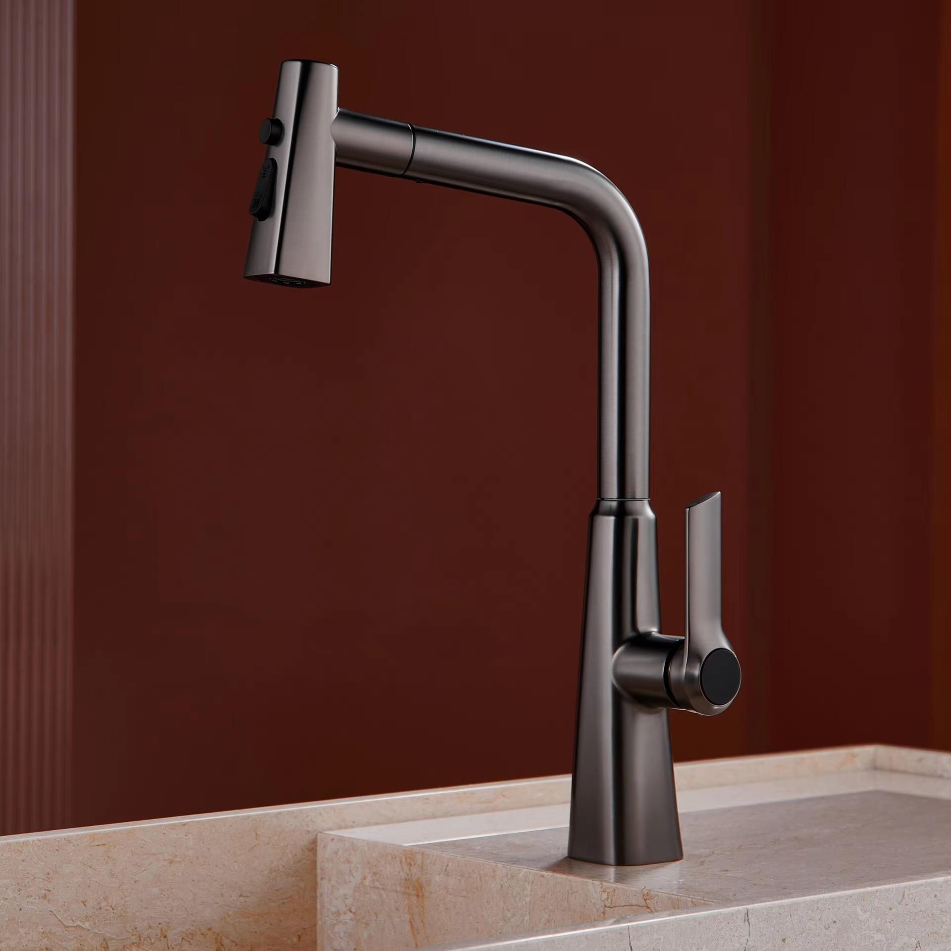 Kitchen faucet, pull-out sink, hot and cold rotating copper modern and simple faucet