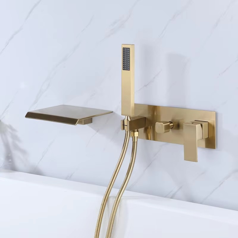 Full copper wall mounted bathtub faucet, large flat waterfall style outlet bathtub faucet with handheld showerhead, certified by CE SASO UPC