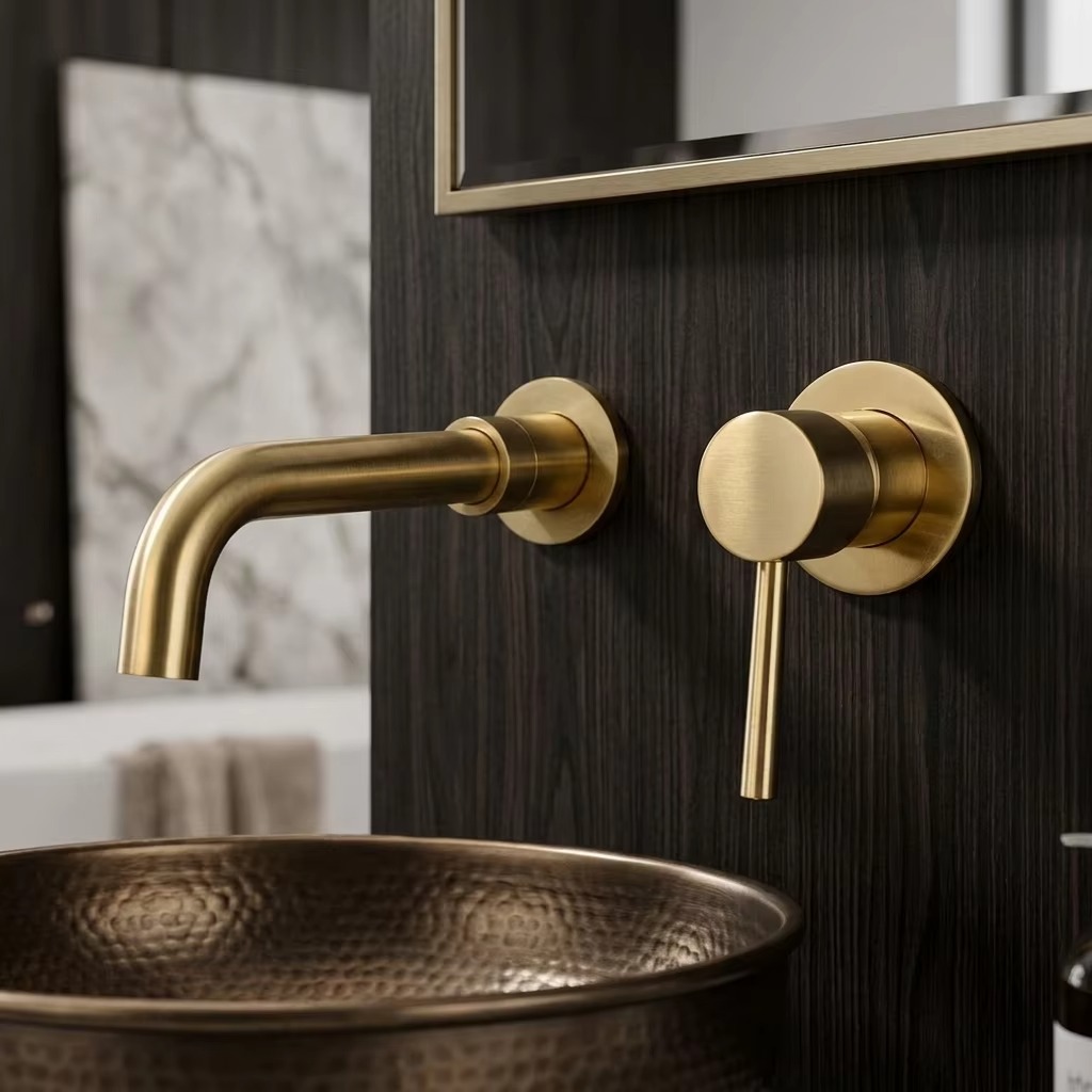 Wall mounted brass brushed gold bathroom basin faucet, concealed washbasin mixing faucet