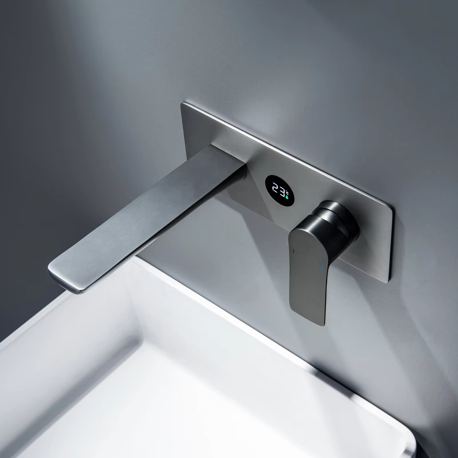 Gun gray dark wall mounted faucet with digital display for household washbasins. Hot melt embedded concealed hot and cold faucet