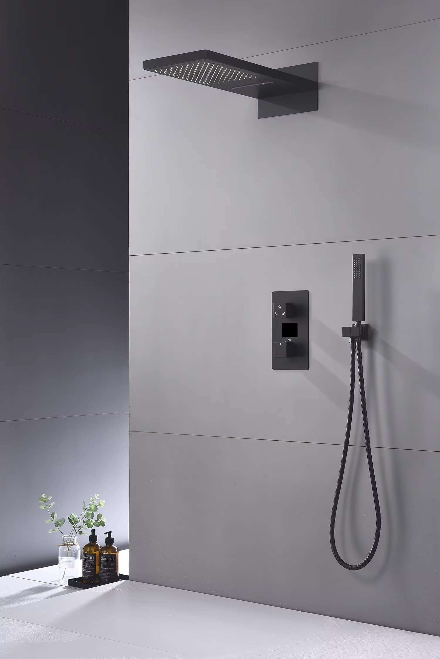 Bathroom shower faucet, concealed wall mounted modern copper set, temperature controlled ceramic valve, square shower nozzle