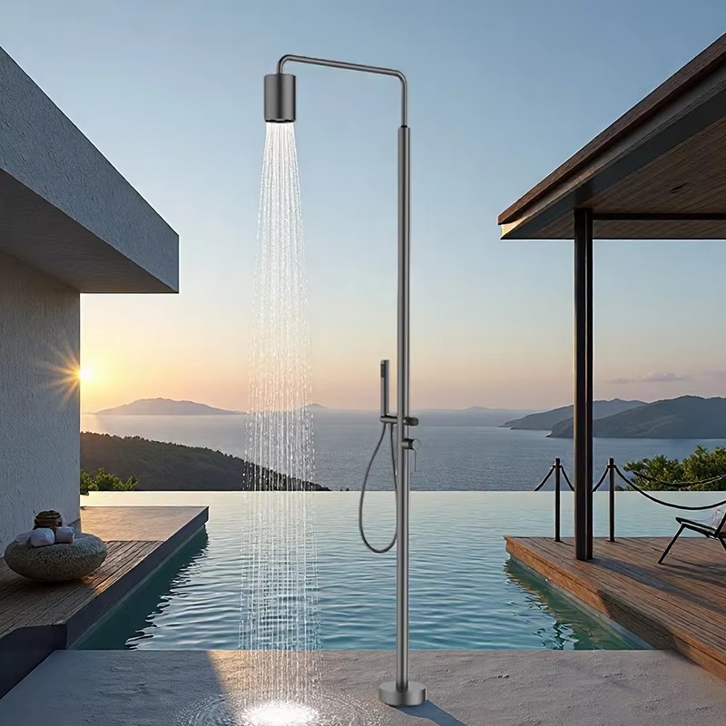 Jinnaiya shower set shower column outdoor floor standing brushed stainless steel vertical villa swimming pool beach hot and cold set ceramic V-shaped