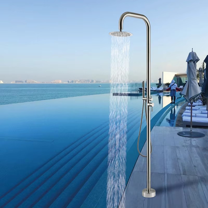 JINNAIYA outdoor shower column set with brushed stainless steel vertical shower for hot and cold water, dual-use for swimming pool and bathtub, CE SASO UPC certification, suitable for villa courtyard swimming pool