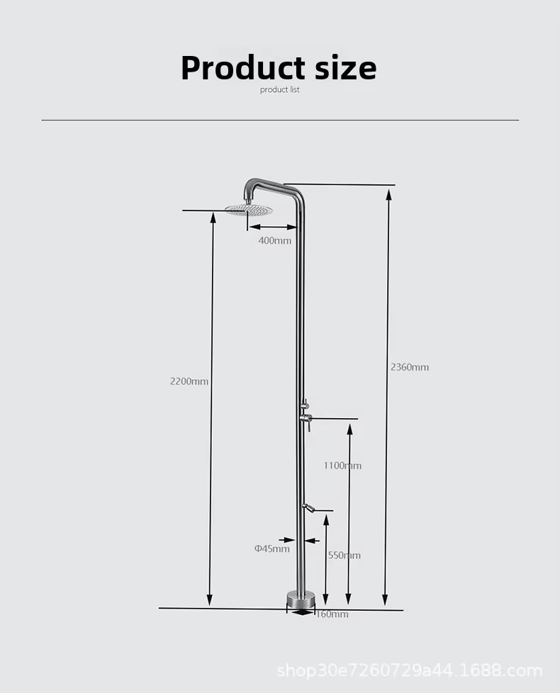 JINNAIYA HW2301 Outdoor Shower Column Set with brushed stainless steel vertical shower for hot and cold water, dual-use for swimming pool and bathtub, CE SASO UPC certification, suitable for villa courtyard swimming pool