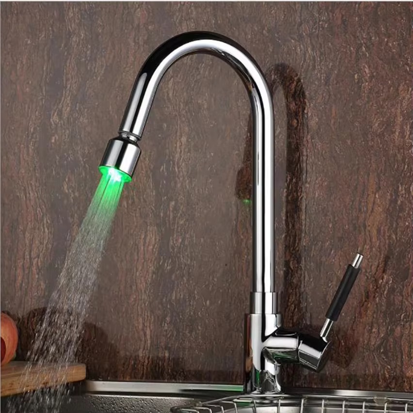 Stainless steel single handle ceramic pull-out side spray LED kitchen faucet, single hole installation