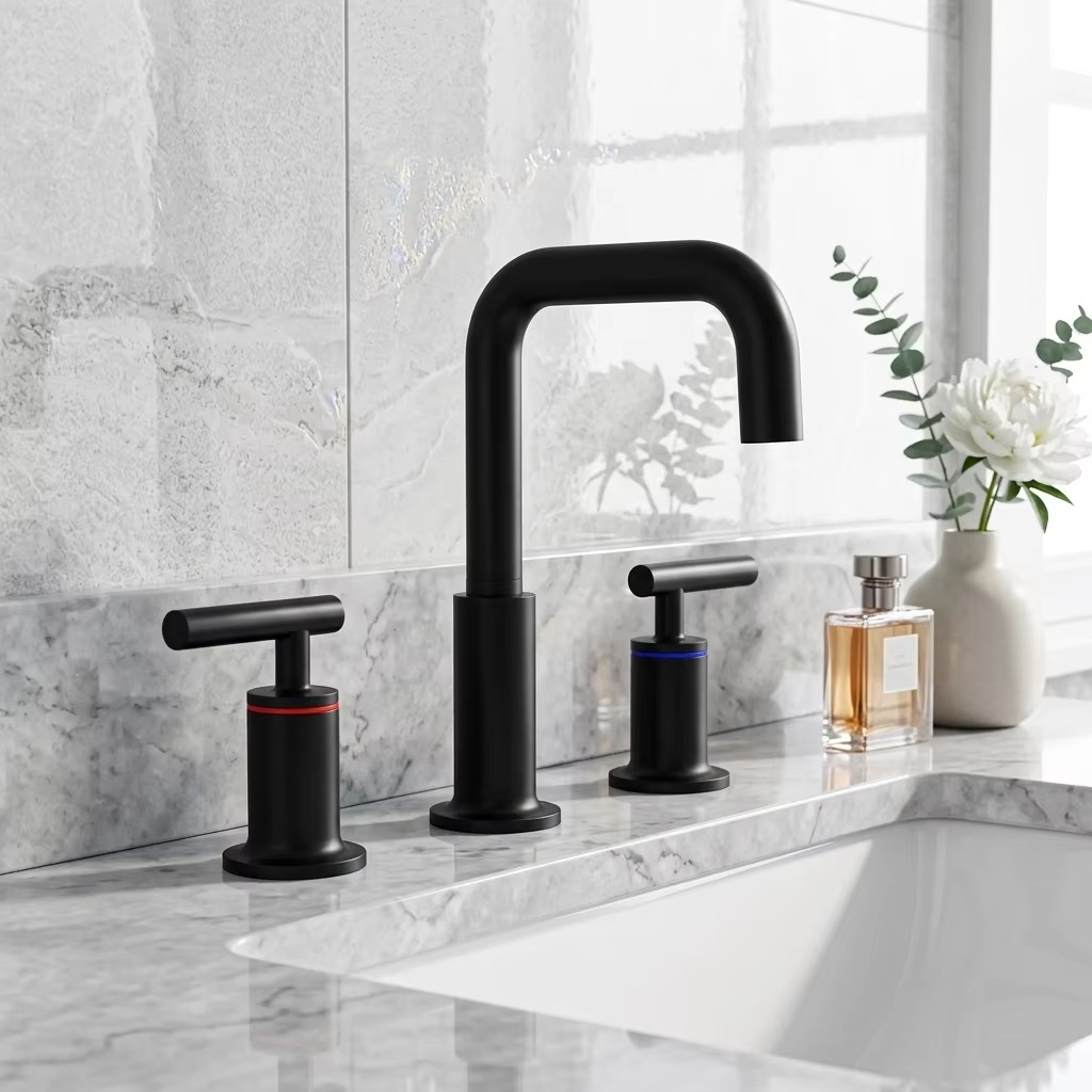 JINNAIYA matte black brass non-contact three hole double handle basin faucet | CE&SASO certified commercial bathroom sensing basin faucet