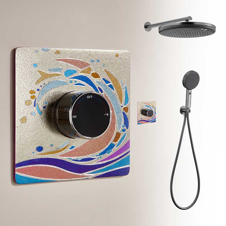 Wave Edition Concealed Shower Head Set TA1 Pure Titanium Embedded Valve Body Wave Art Printed Panel Top Spray Handheld Dual Water Outlet Anti Corrosion Wall Shower