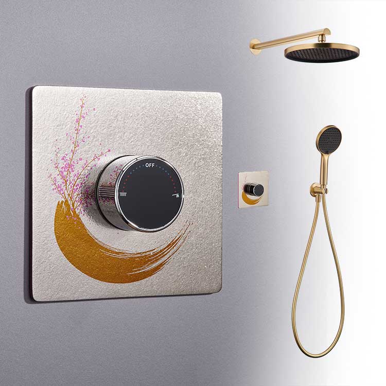 Crescent version concealed shower head set TA1 pure titanium pre embedded valve body crescent art printed panel gold top spray handheld dual outlet corrosion-resistant wall shower